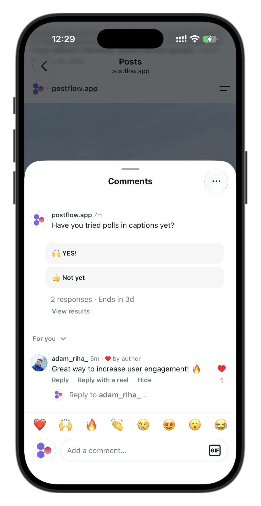Instagram caption poll in the comments section with two answers