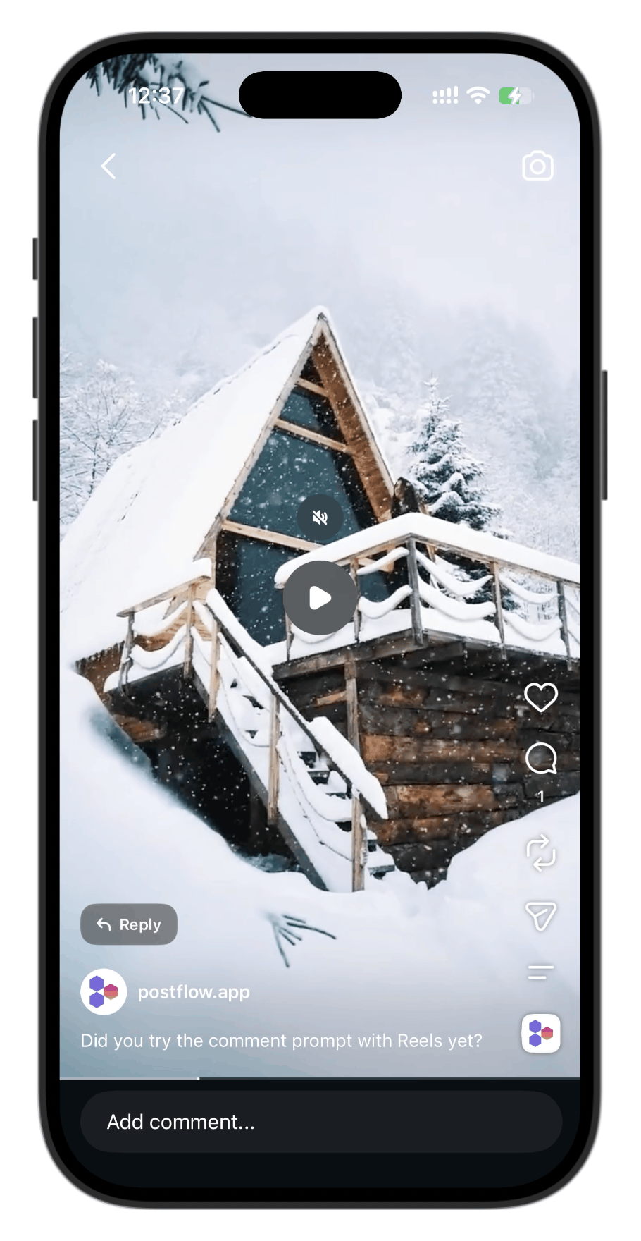 Instagram Reel with a comment prompt and a Reply button