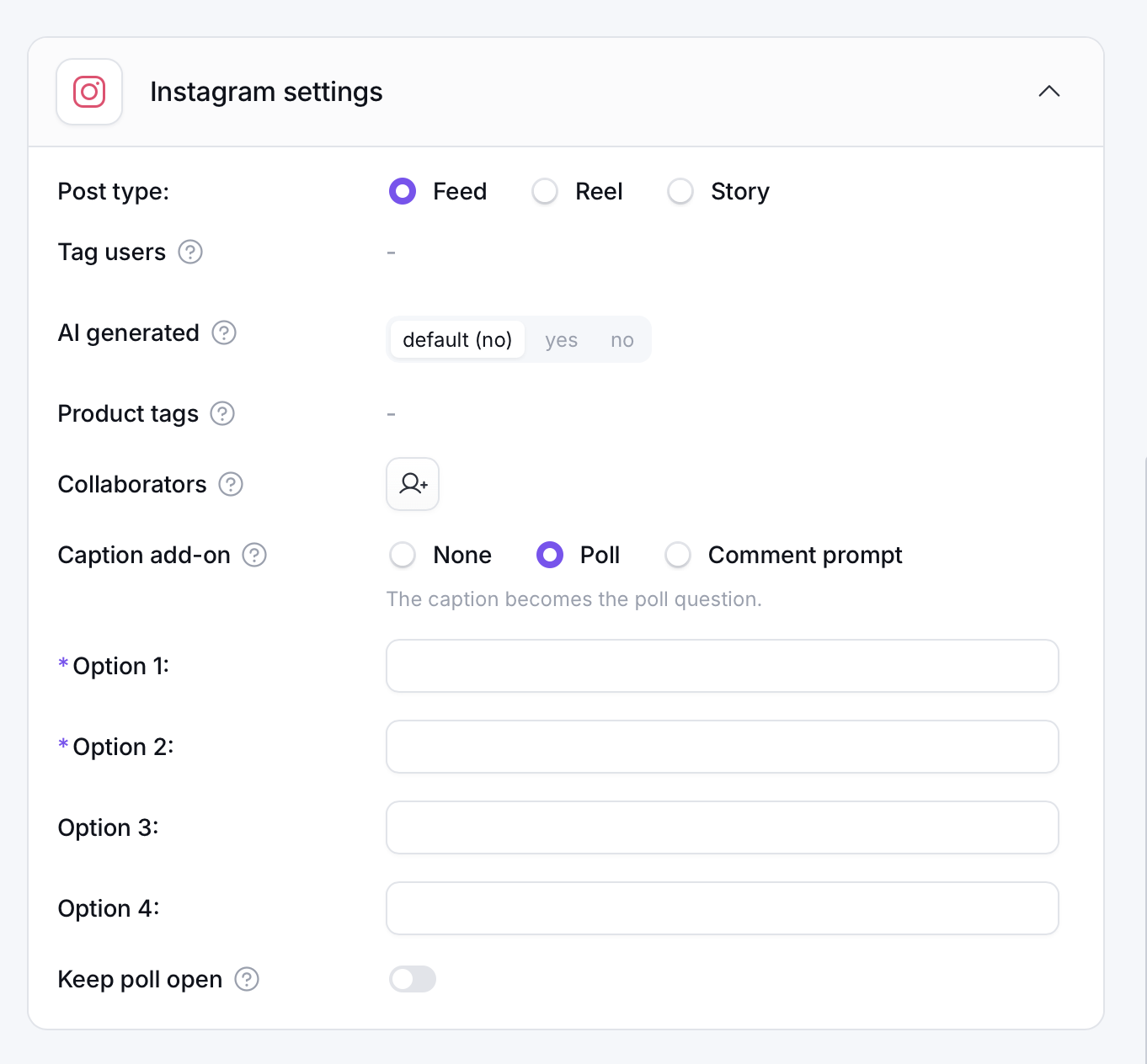 Caption poll with answer options in PostFlow Instagram settings