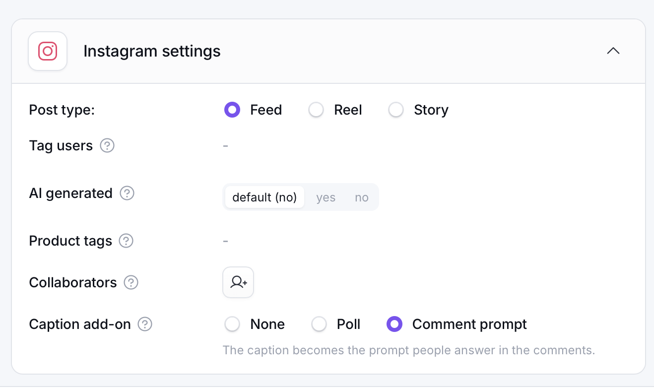 Comment prompt selected in PostFlow Instagram settings