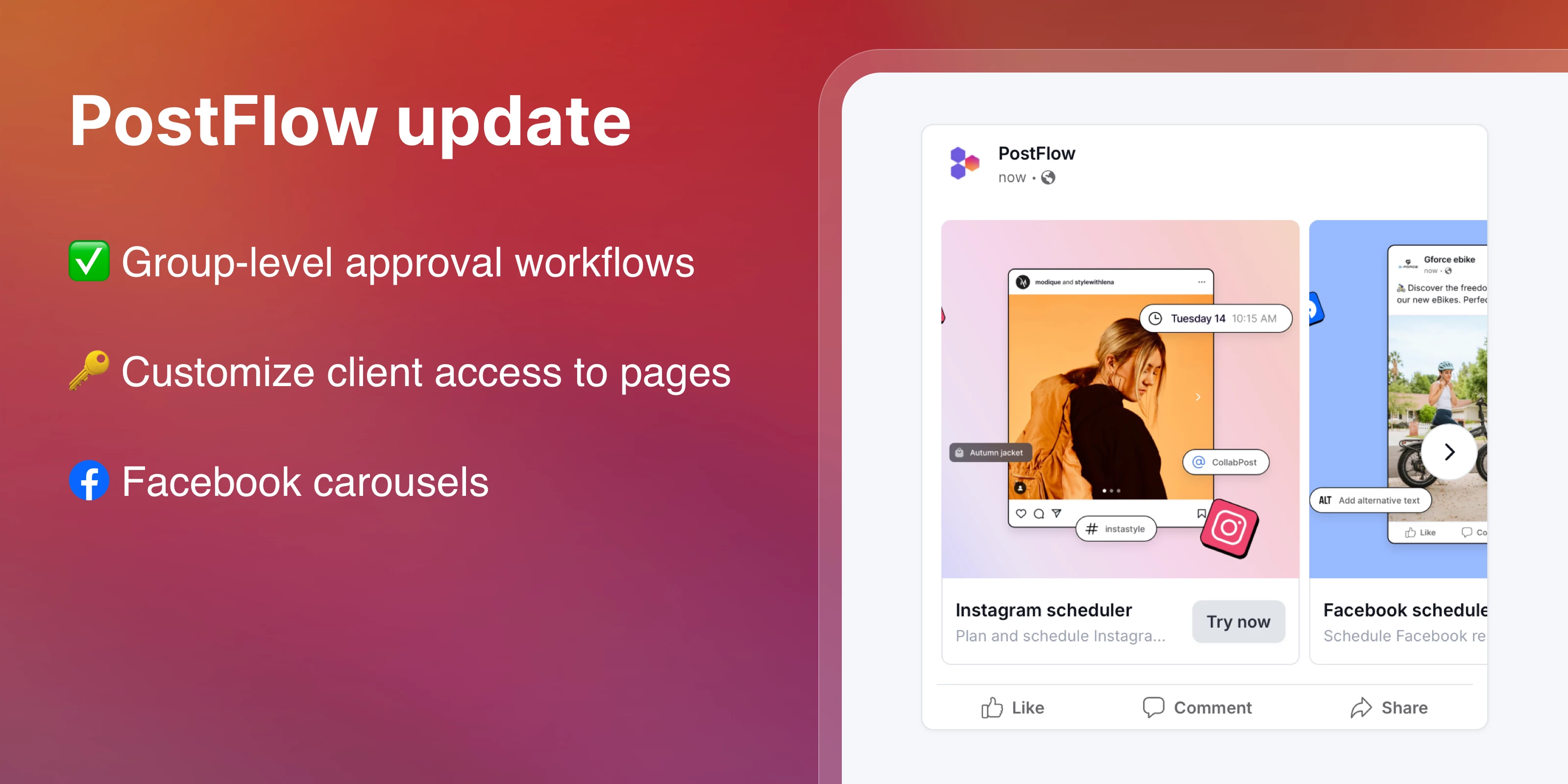 PostFlow update: Group-level approval workflows and more, image showing Facebook carousel preview