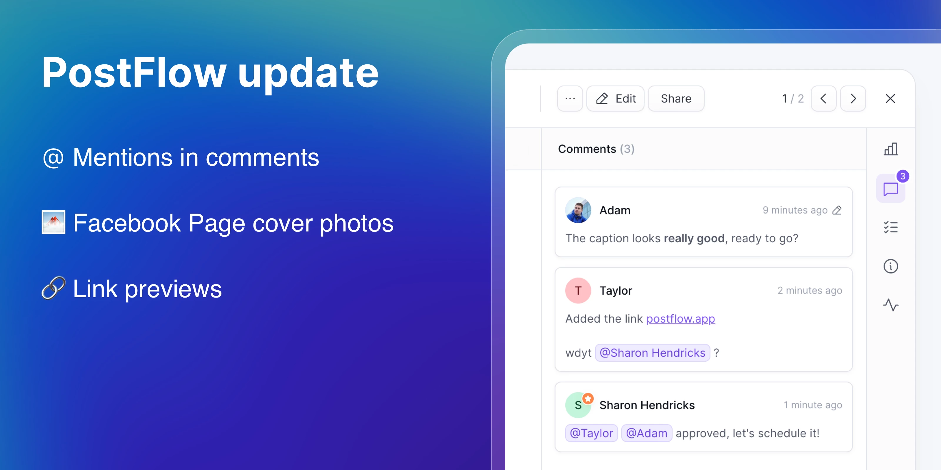 PostFlow update: ClickUp multiple post lists, image showing ClickUp sidebar with PostFlow space and multiple post lists