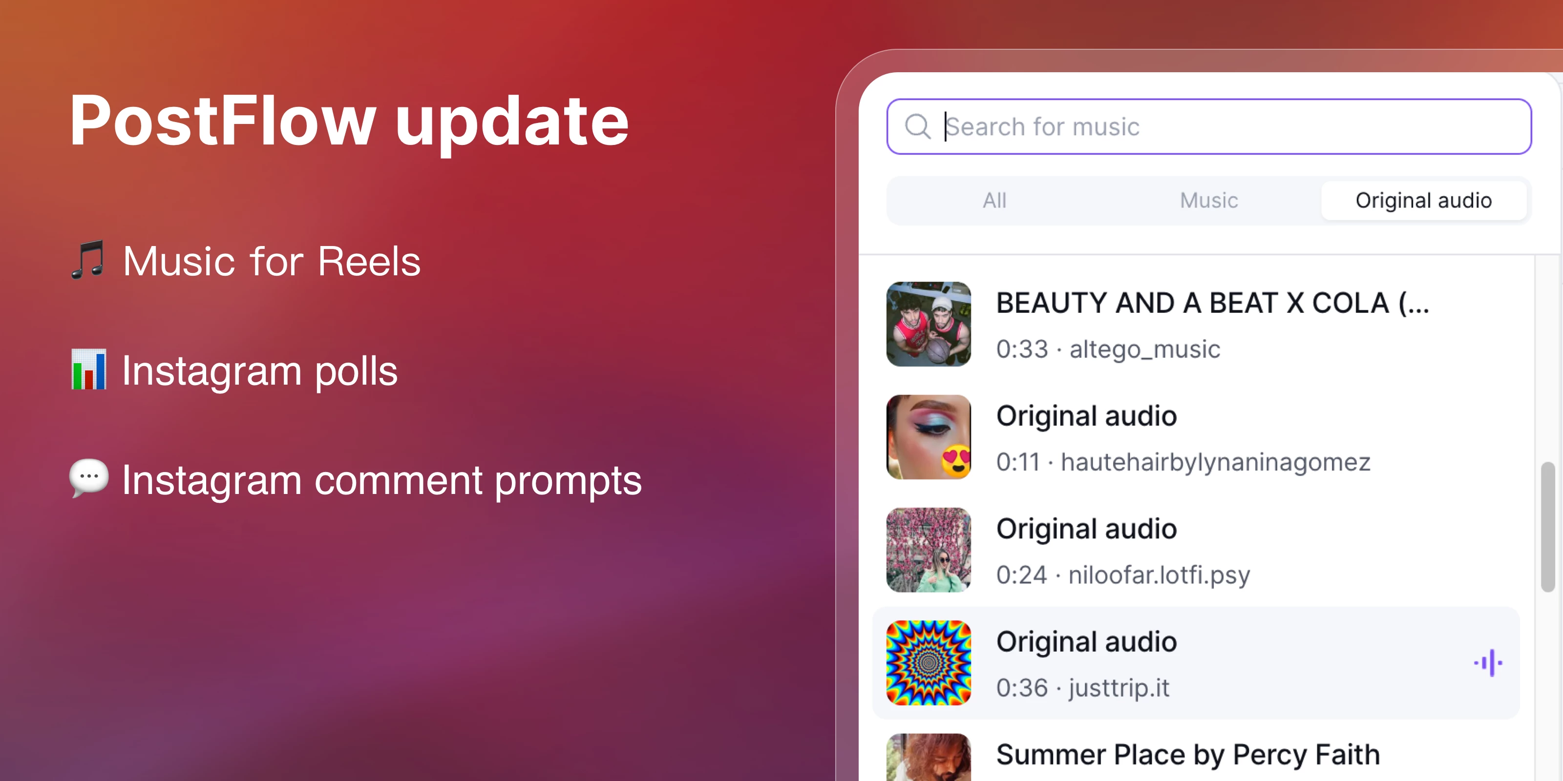 PostFlow update: Music for Reels, Instagram polls and comment prompts