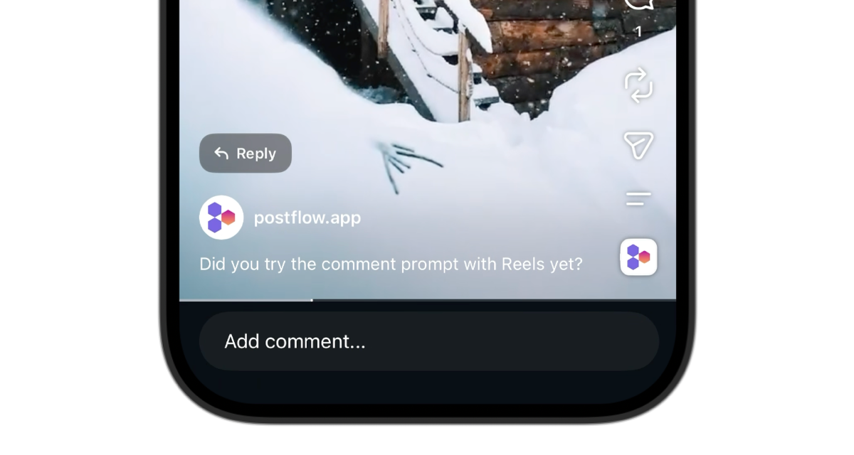 Instagram Reel with a comment prompt caption and a Reply button