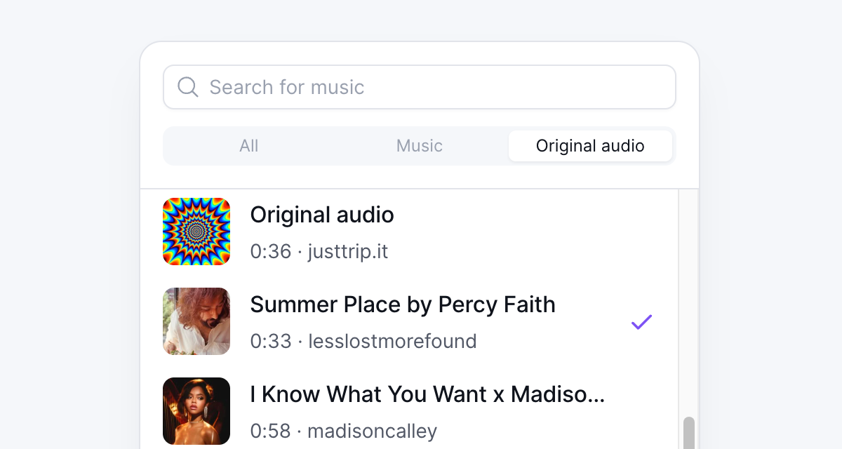 Instagram music picker with search and Music and Original audio filters