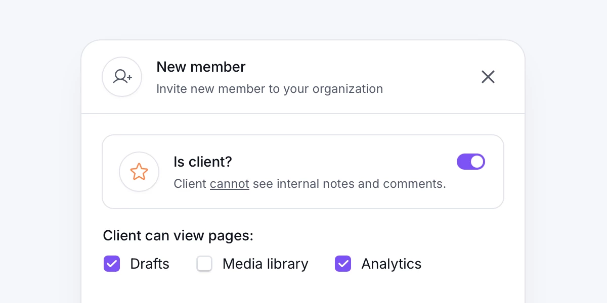 PostFlow's modal to invite clients to a workspace, showing settings of pages that can client view