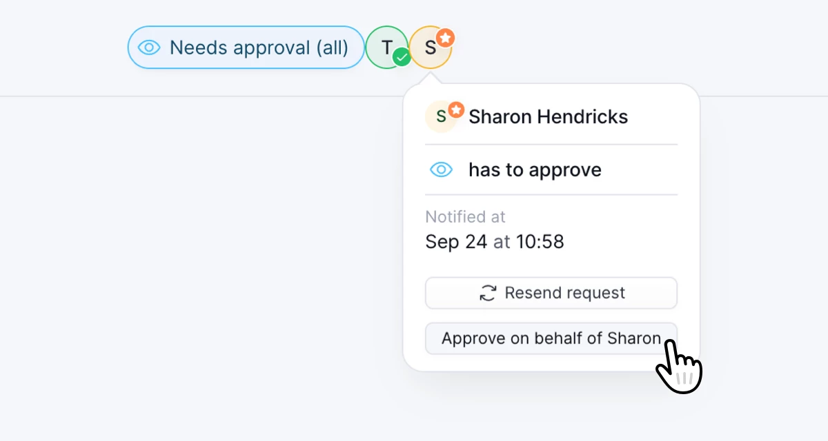 Approver popover with the Approve on behalf of Sharon button