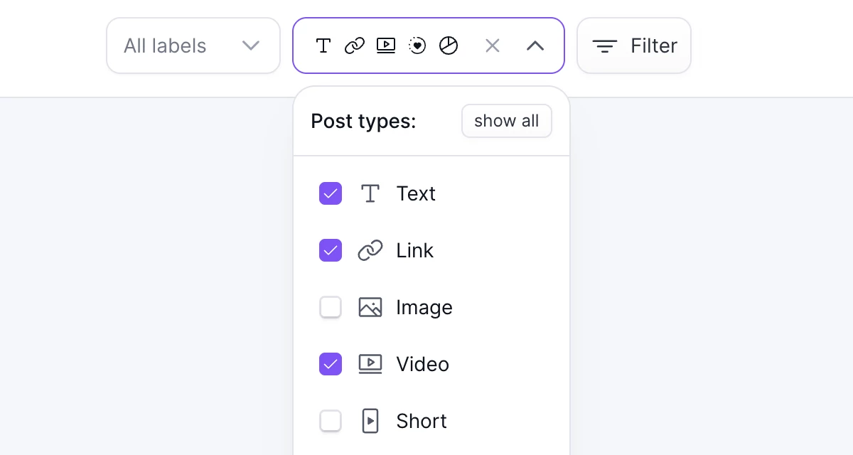 Calendar post type filter with Text, Link and Video selected