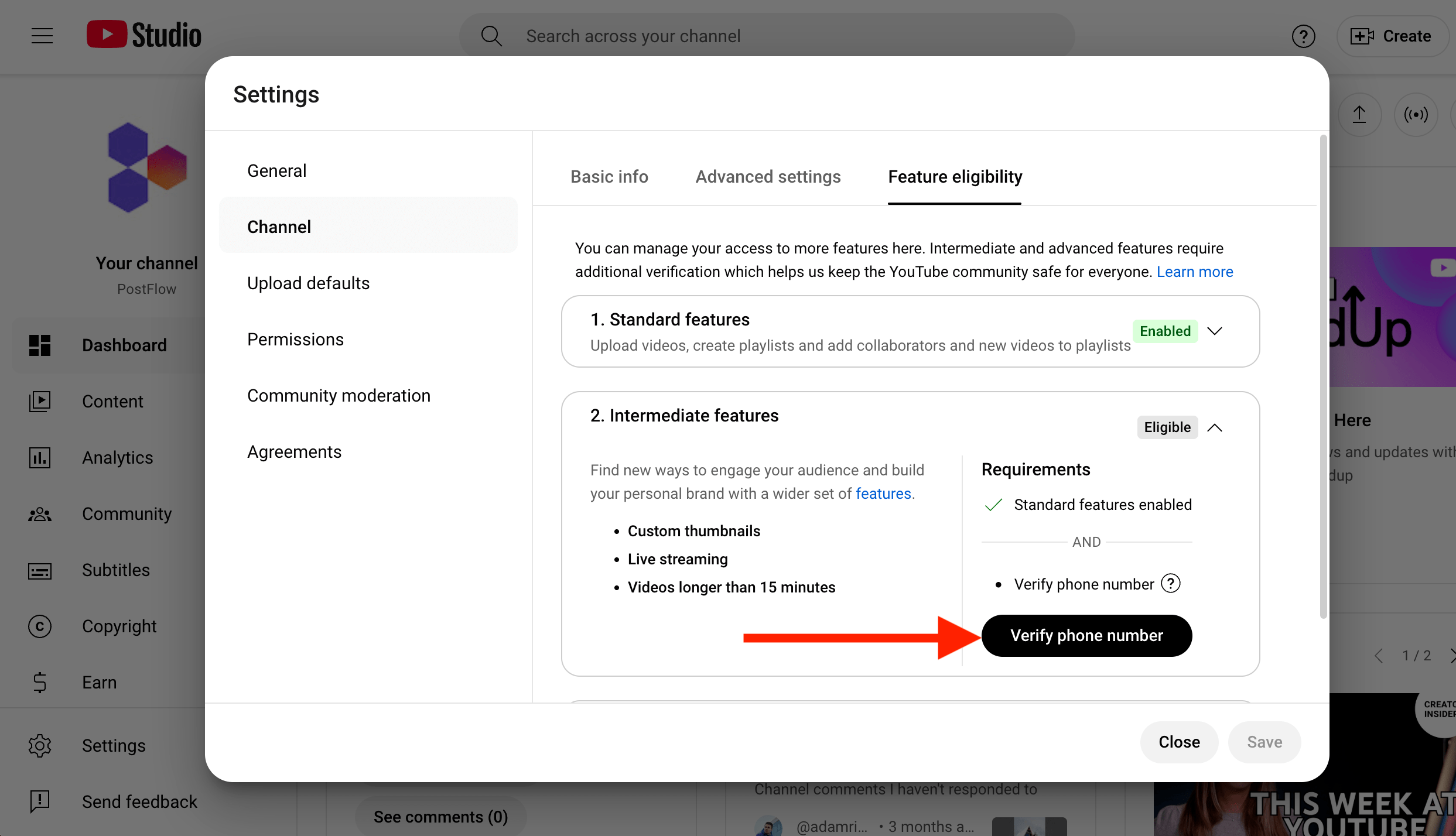 Verify phone number in YouTube studio