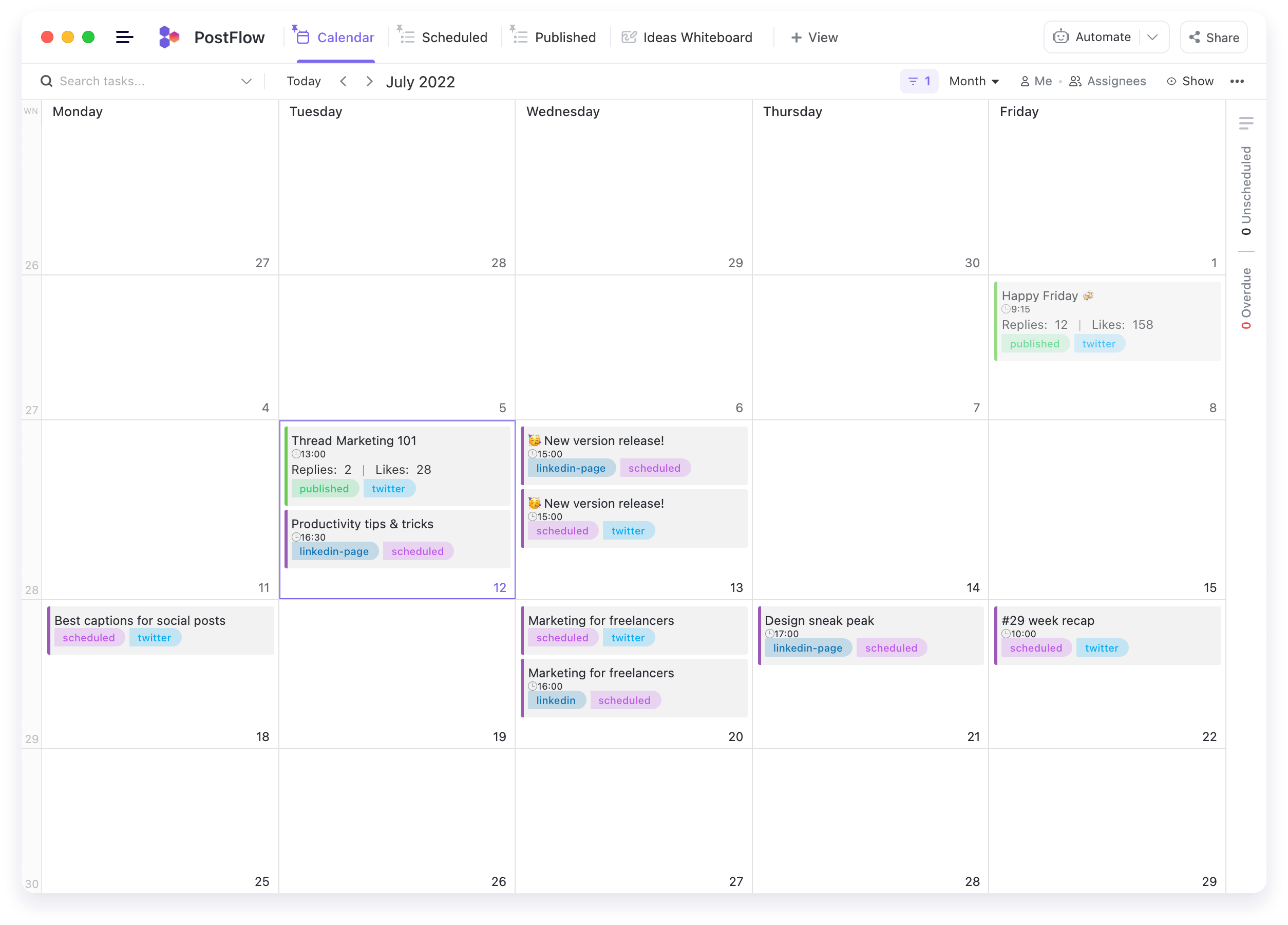 Scheduling social content in ClickUp - Calendar view