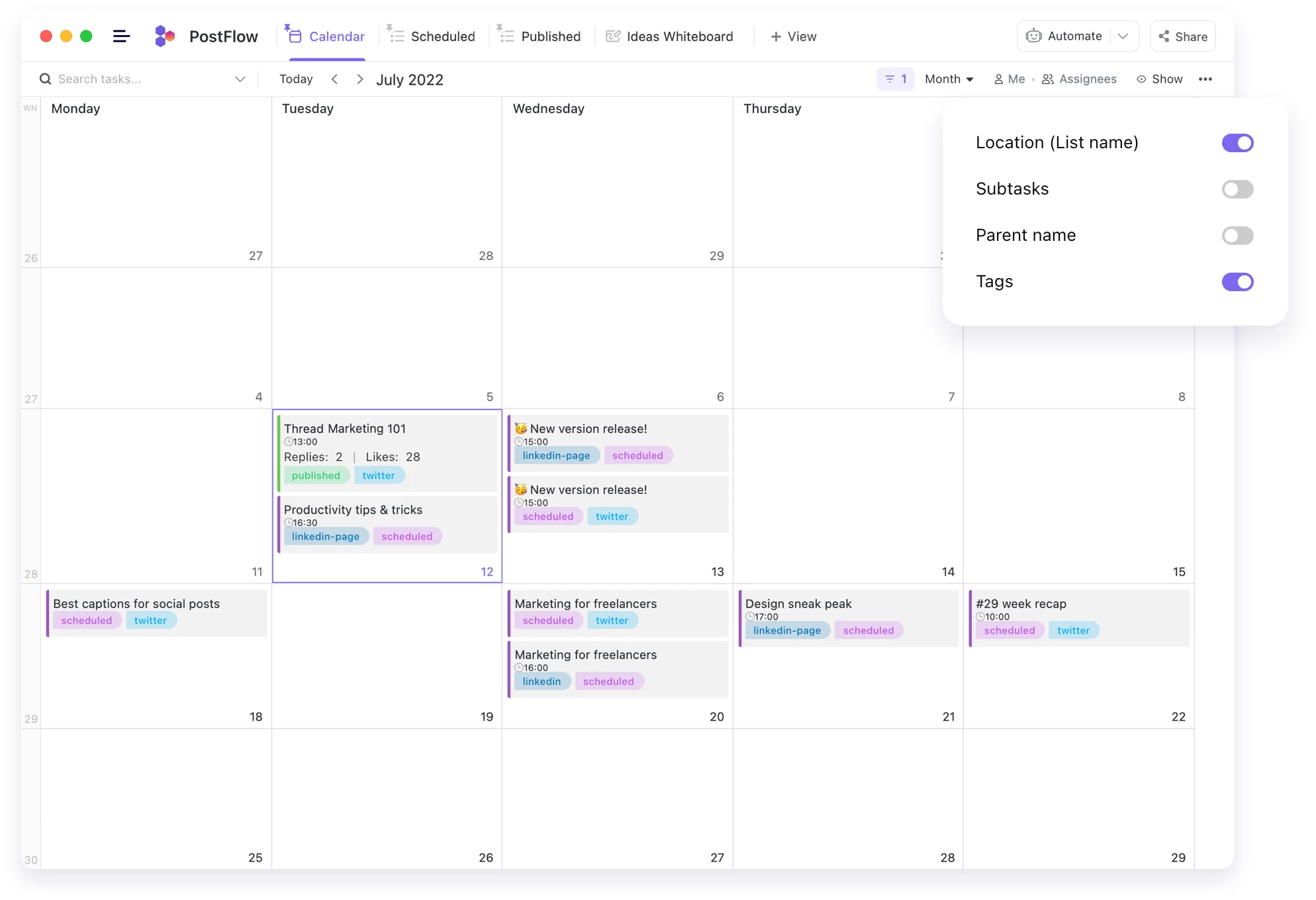 Calendar with scheduled social media posts