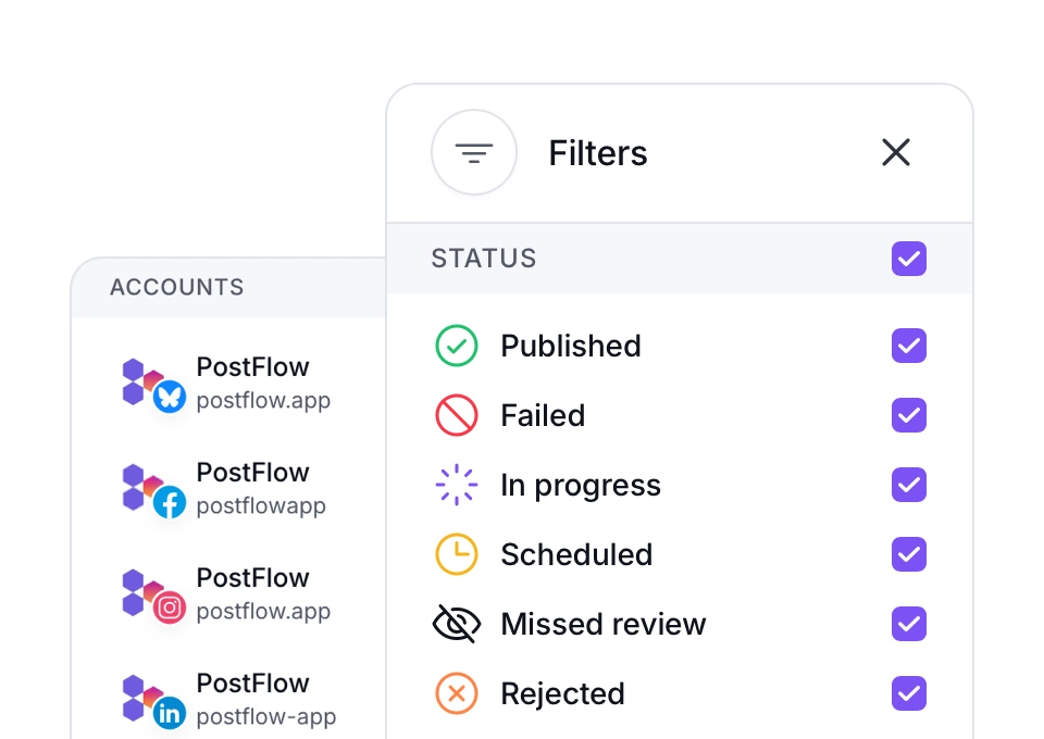 Filter options to filter social media calendar in PostFlow