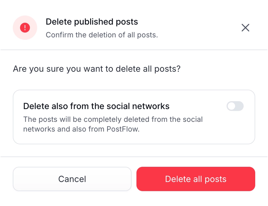 Deleting published posts from social media networks directly from PostFlow