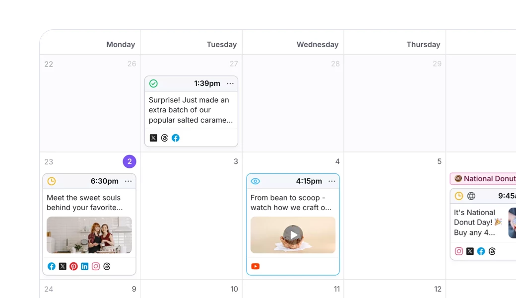 Social media planning calendar with scheduled posts