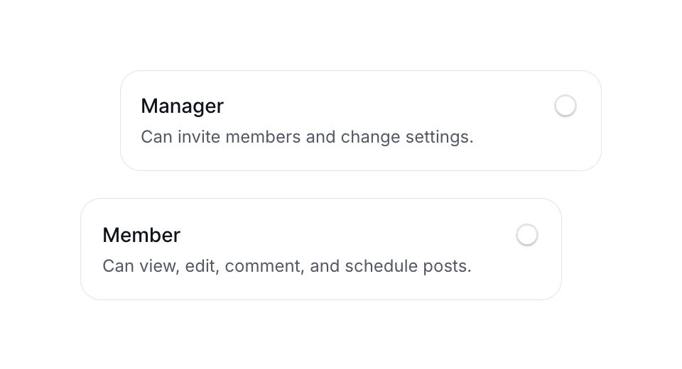 User role settings in PostFlow with manager, member, and viewer options