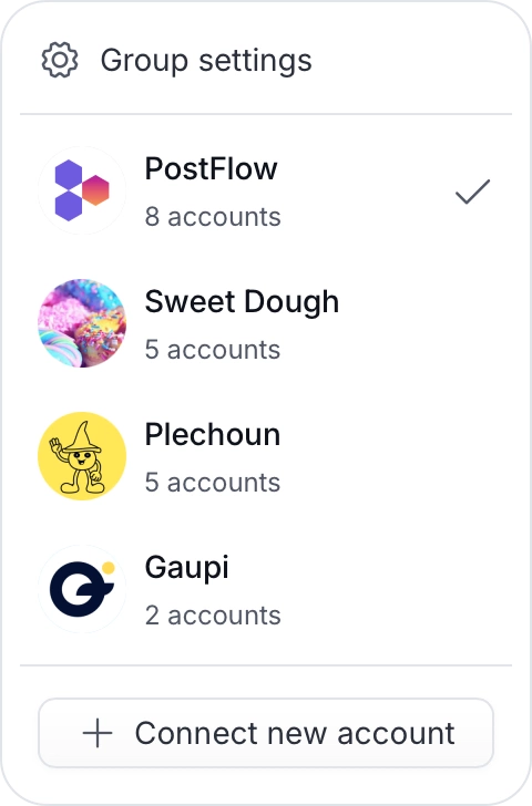 Switching between groups of social media accounts in PostFlow