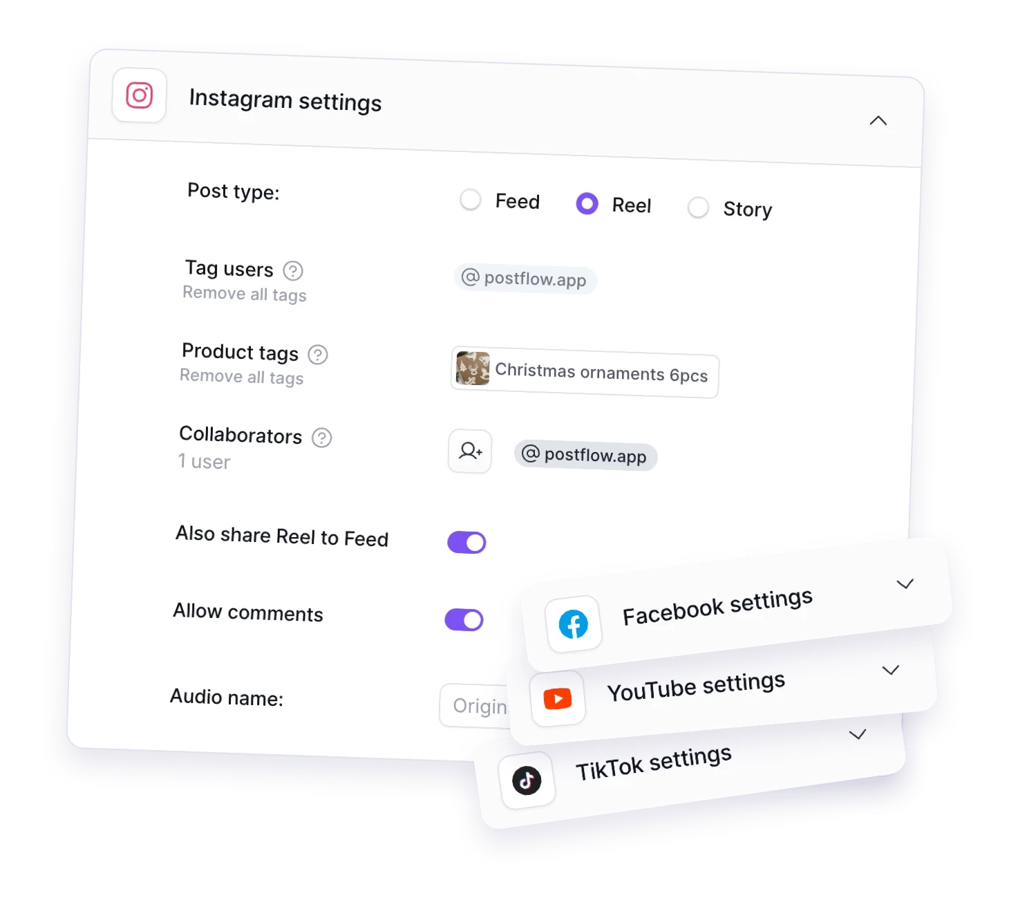 Settings for Instagram scheduled post in PostFlow